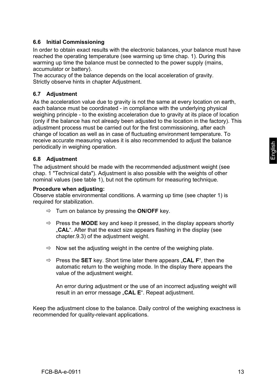 6 initial commissioning, 7 adjustment, 8 adjustment | Initial commissioning, Adjustment | KERN & SOHN FCB 24K2 User Manual | Page 13 / 36