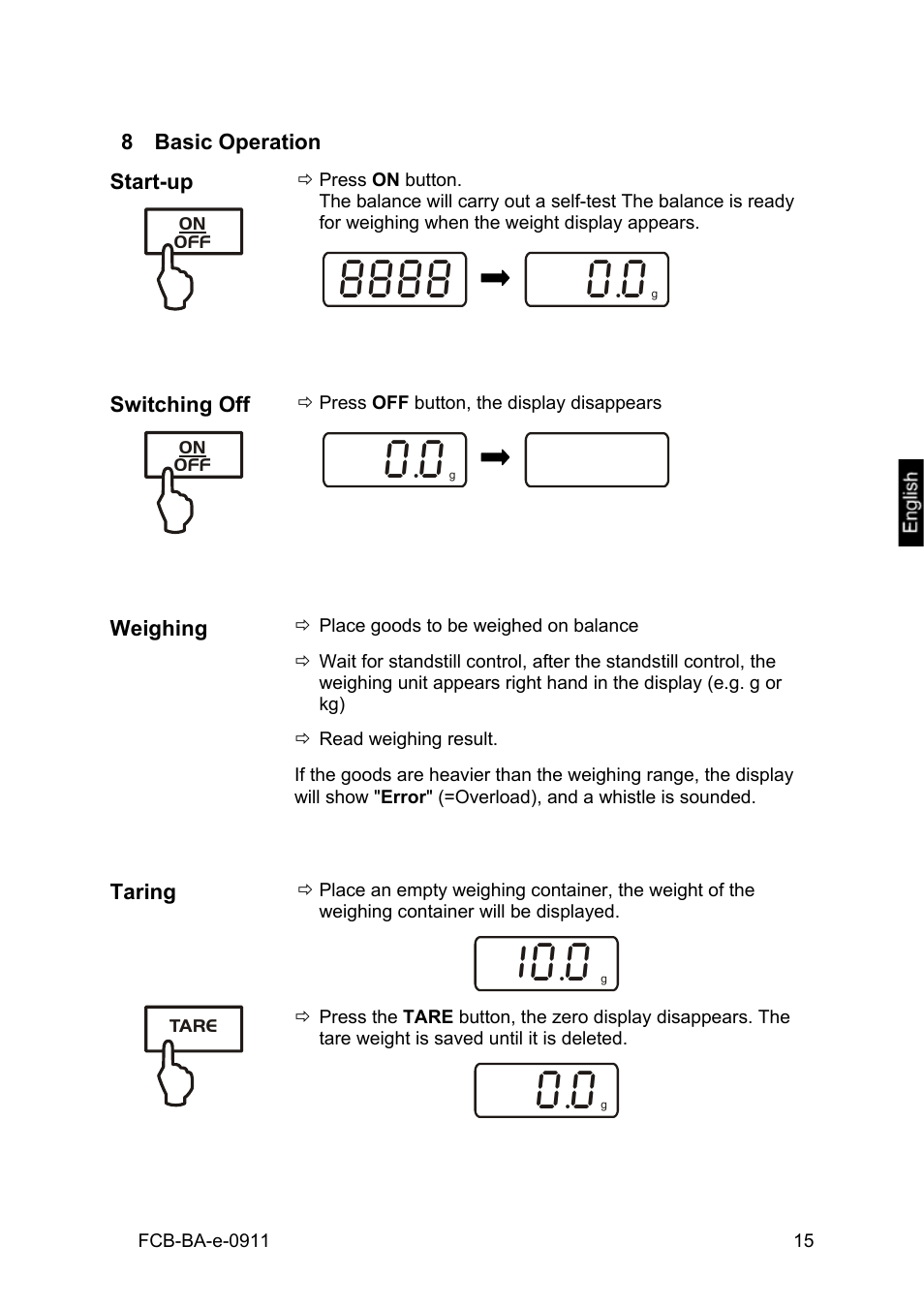 8 basic operation, Start-up, Switching off | Weighing, Taring, Basic operation | KERN & SOHN FCB 24K2 User Manual | Page 15 / 36