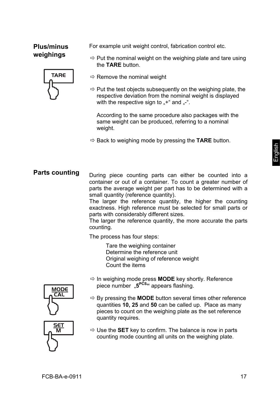 Plus/minus weighings, Parts counting | KERN & SOHN FCB 24K2 User Manual | Page 17 / 36