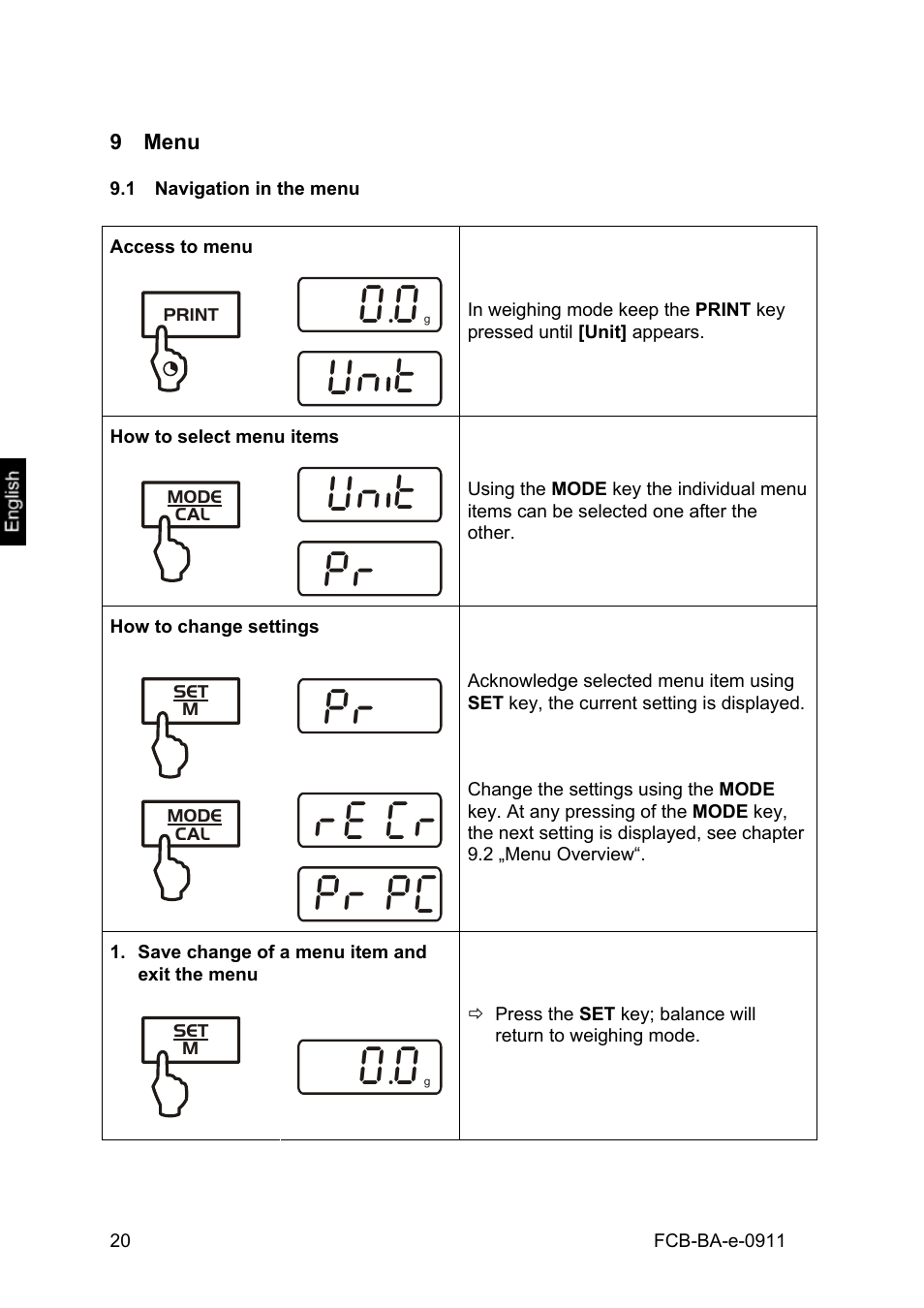 9 menu, 1 navigation in the menu, Menu | Navigation in the menu, Vn t, Re cr, Pl pc | KERN & SOHN FCB 24K2 User Manual | Page 20 / 36