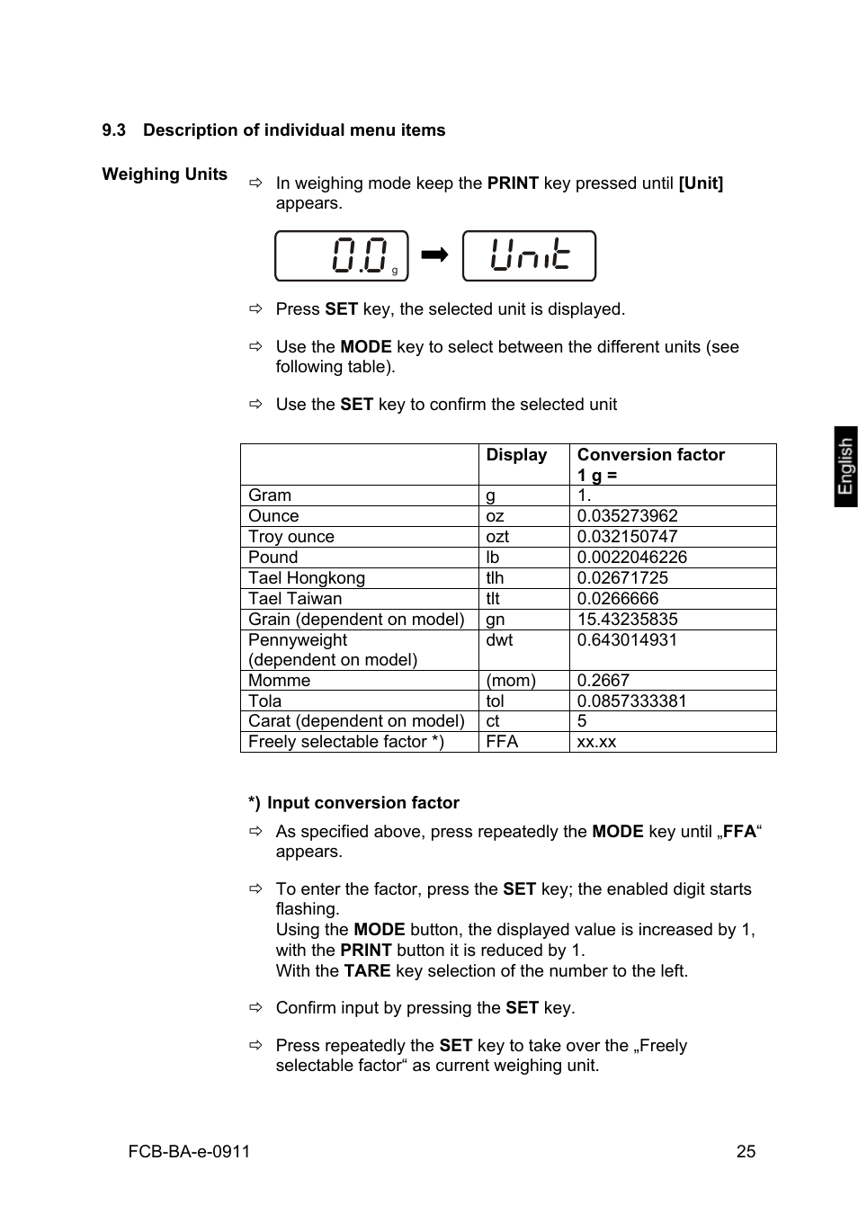 3 description of individual menu items, Weighing units, Description of individual menu items | KERN & SOHN FCB 24K2 User Manual | Page 25 / 36