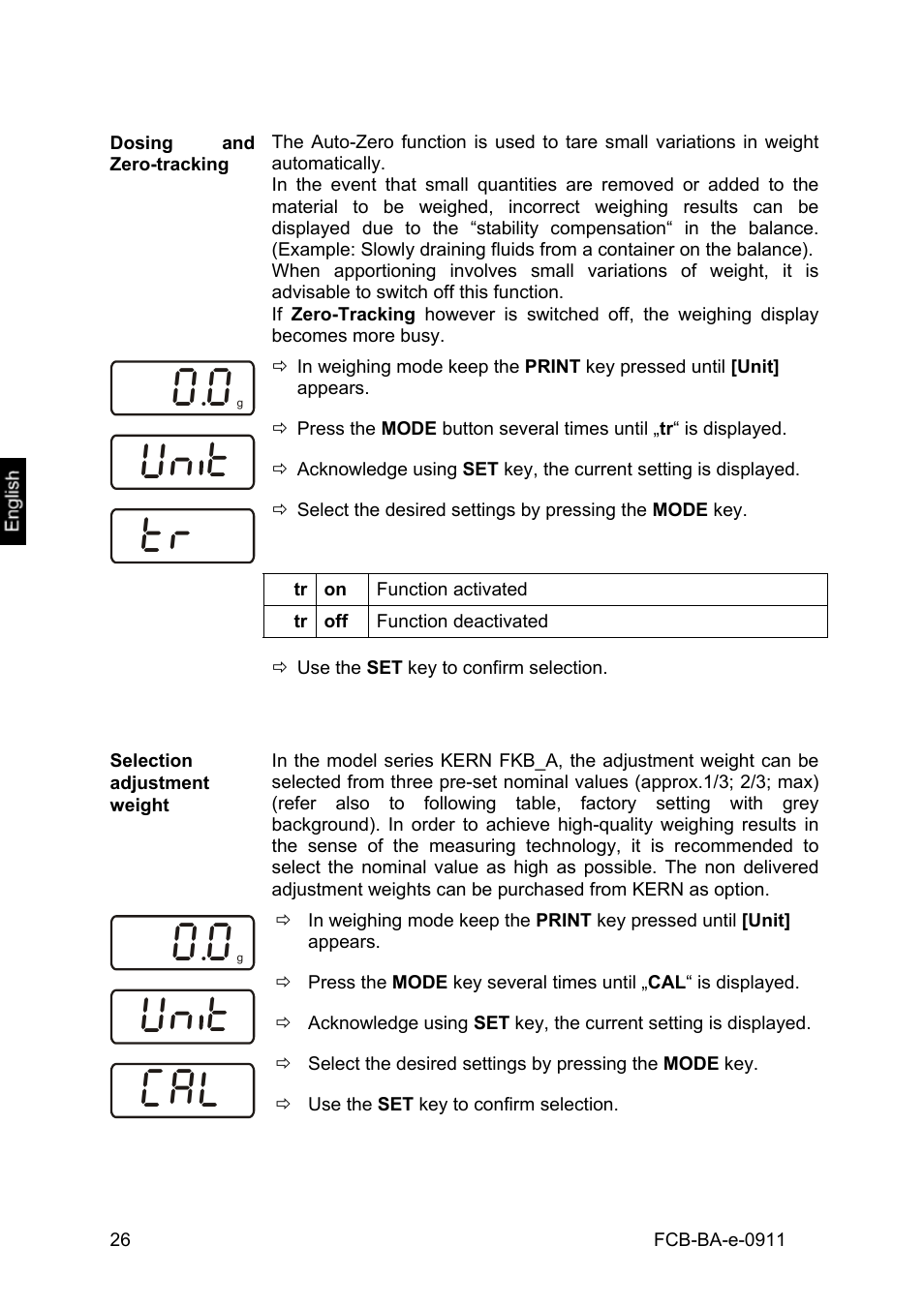 Dosing and zero-tracking, Selectionadjustment weight, Selection adjustment weight | Vn t | KERN & SOHN FCB 24K2 User Manual | Page 26 / 36