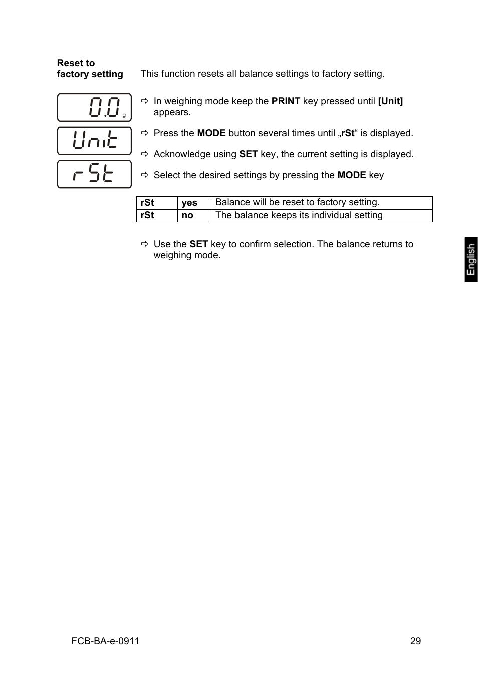 Reset to factory setting, Vn t | KERN & SOHN FCB 24K2 User Manual | Page 29 / 36