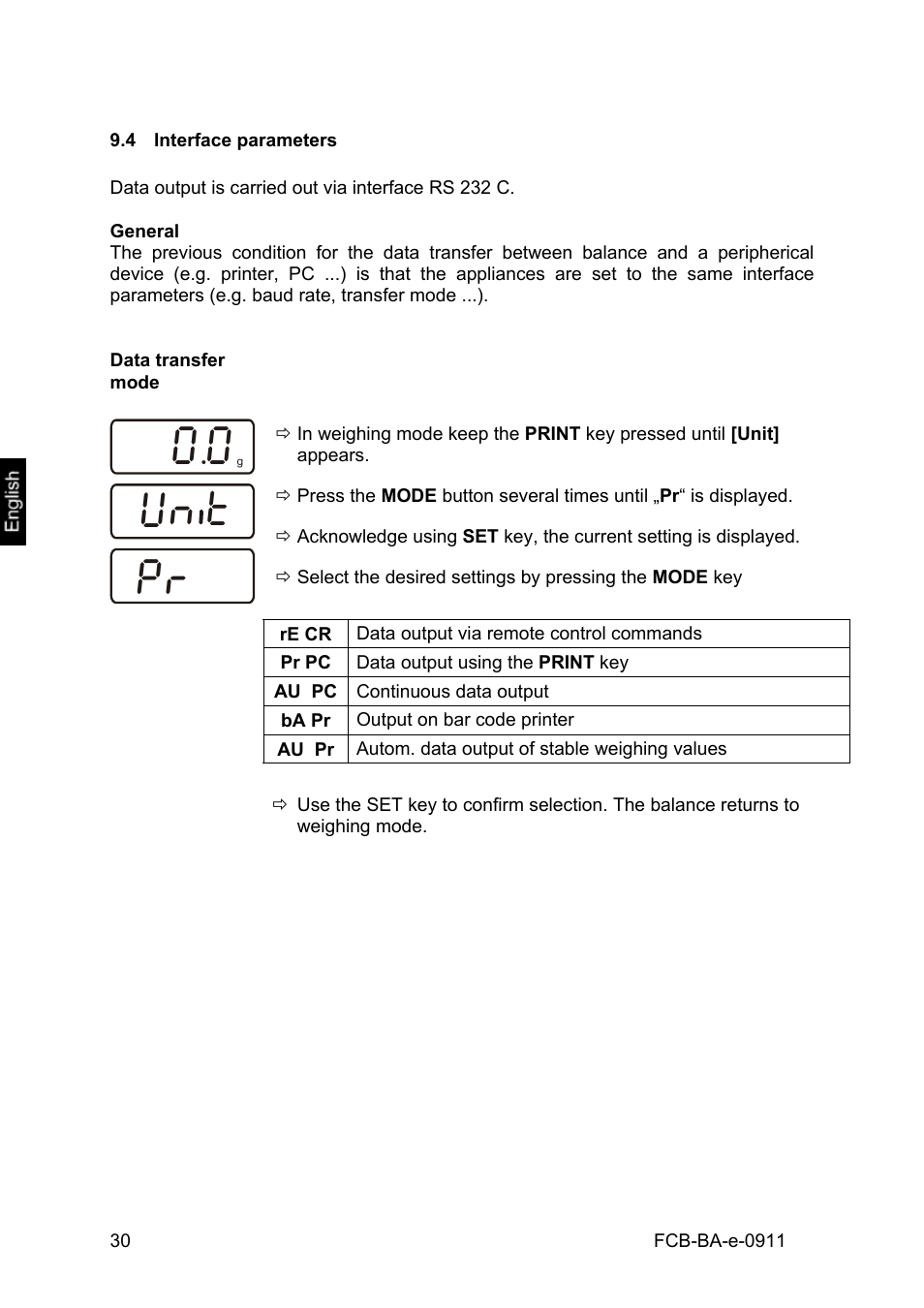 4 interface parameters, Data transfer mode, Interface parameters | Vn t | KERN & SOHN FCB 24K2 User Manual | Page 30 / 36