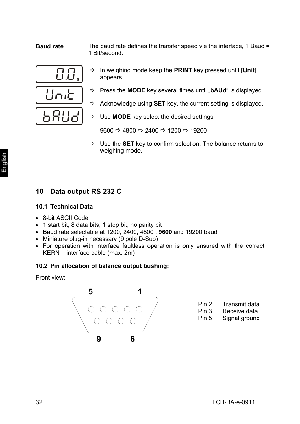 Baud rate, 10 data output rs 232 c, 1 technical data | 2 pin allocation of balance output bushing, Data output rs 232 c, Technical data, Pin allocation of balance output bushing, Vn t, Baud | KERN & SOHN FCB 24K2 User Manual | Page 32 / 36