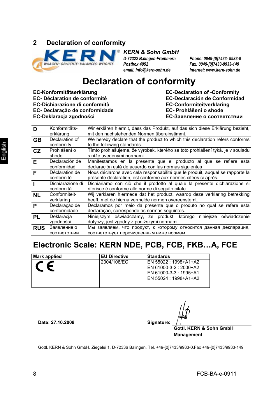 2 declaration of conformity, Declaration of conformity, Electronic scale: kern nde, pcb, fcb, fkb…a, fce | 2declaration of conformity | KERN & SOHN FCB 24K2 User Manual | Page 8 / 36