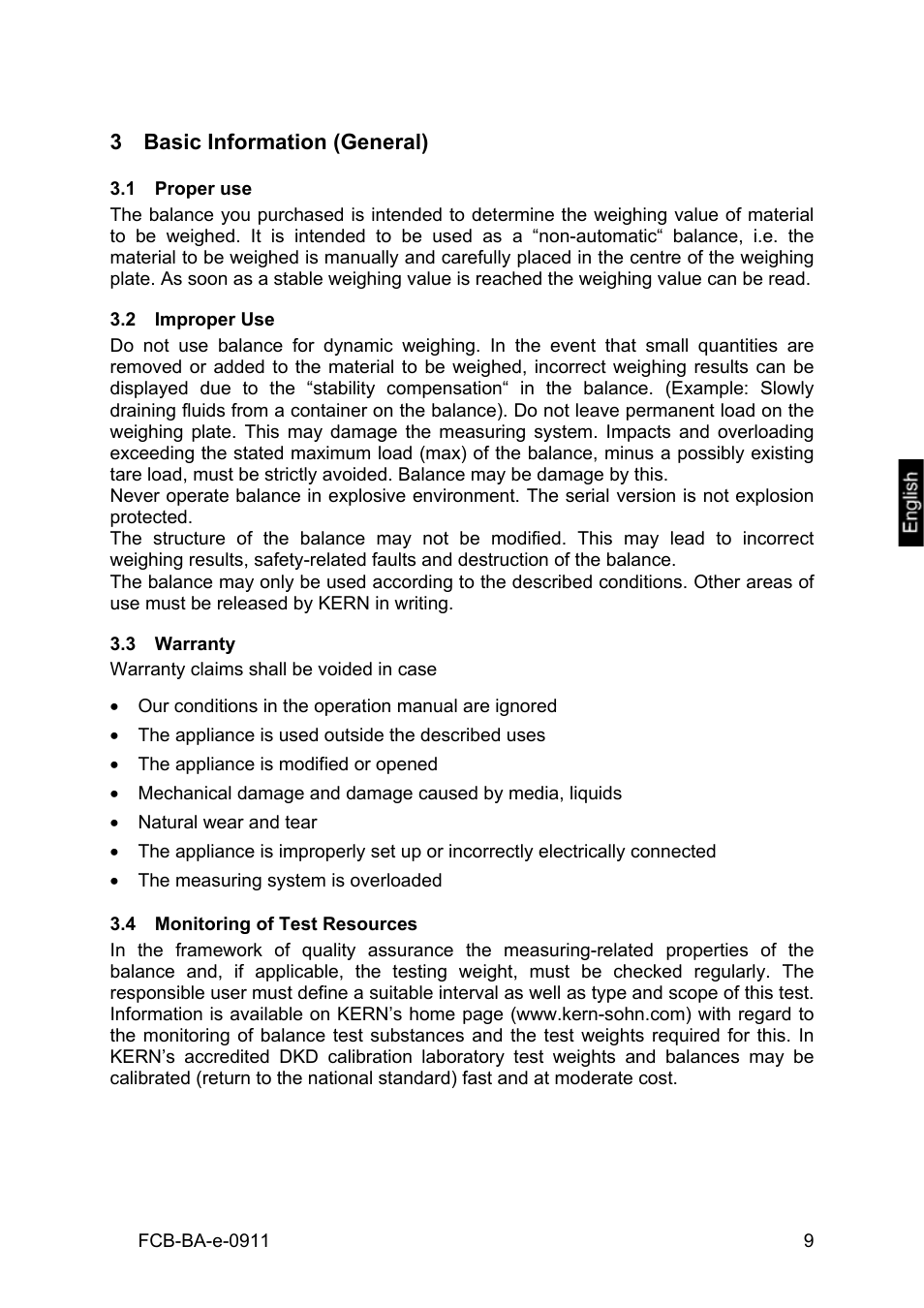 3 basic information (general), 1 proper use, 2 improper use | 3 warranty, 4 monitoring of test resources, Basic information (general), Proper use, Improper use, Warranty, Monitoring of test resources | KERN & SOHN FCB 24K2 User Manual | Page 9 / 36