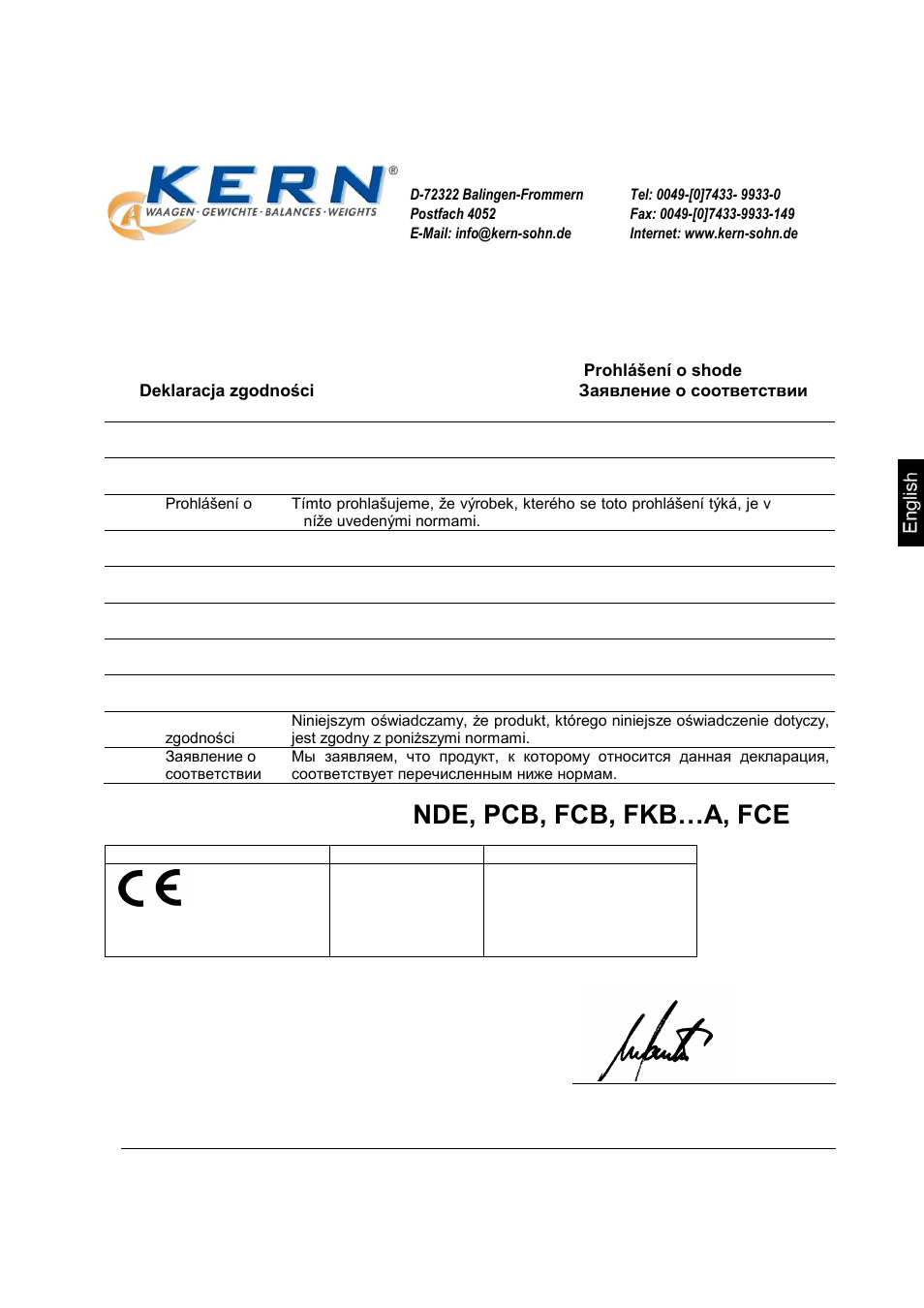 Konformitätserklärung, Electronic scale: kern nde, pcb, fcb, fkb…a, fce, 2 declaration of conformity | KERN & SOHN FCE 30K10N User Manual | Page 5 / 15