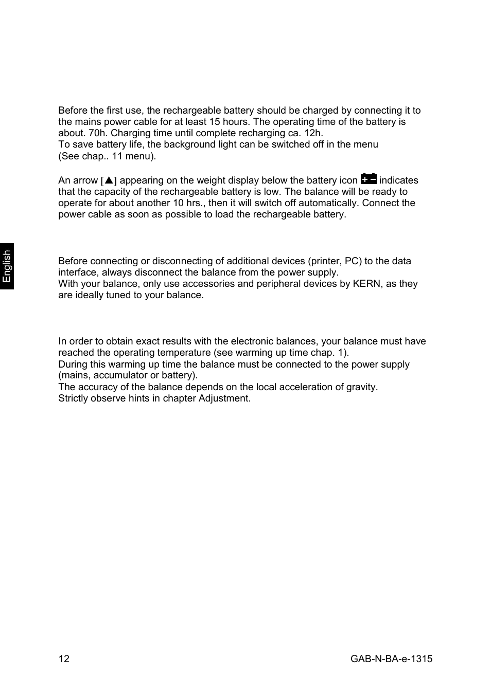 Rechargeable battery operation (option), Connection of peripheral devices, Initial commissioning | KERN & SOHN GAB 30K5DNM User Manual | Page 12 / 41