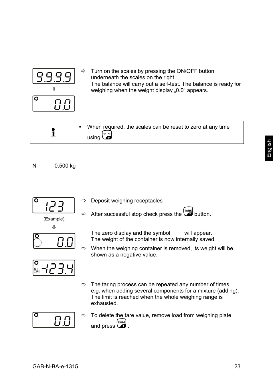 Operation, Weighing, Weighing with tare | 10 operation | KERN & SOHN GAB 30K5DNM User Manual | Page 23 / 41