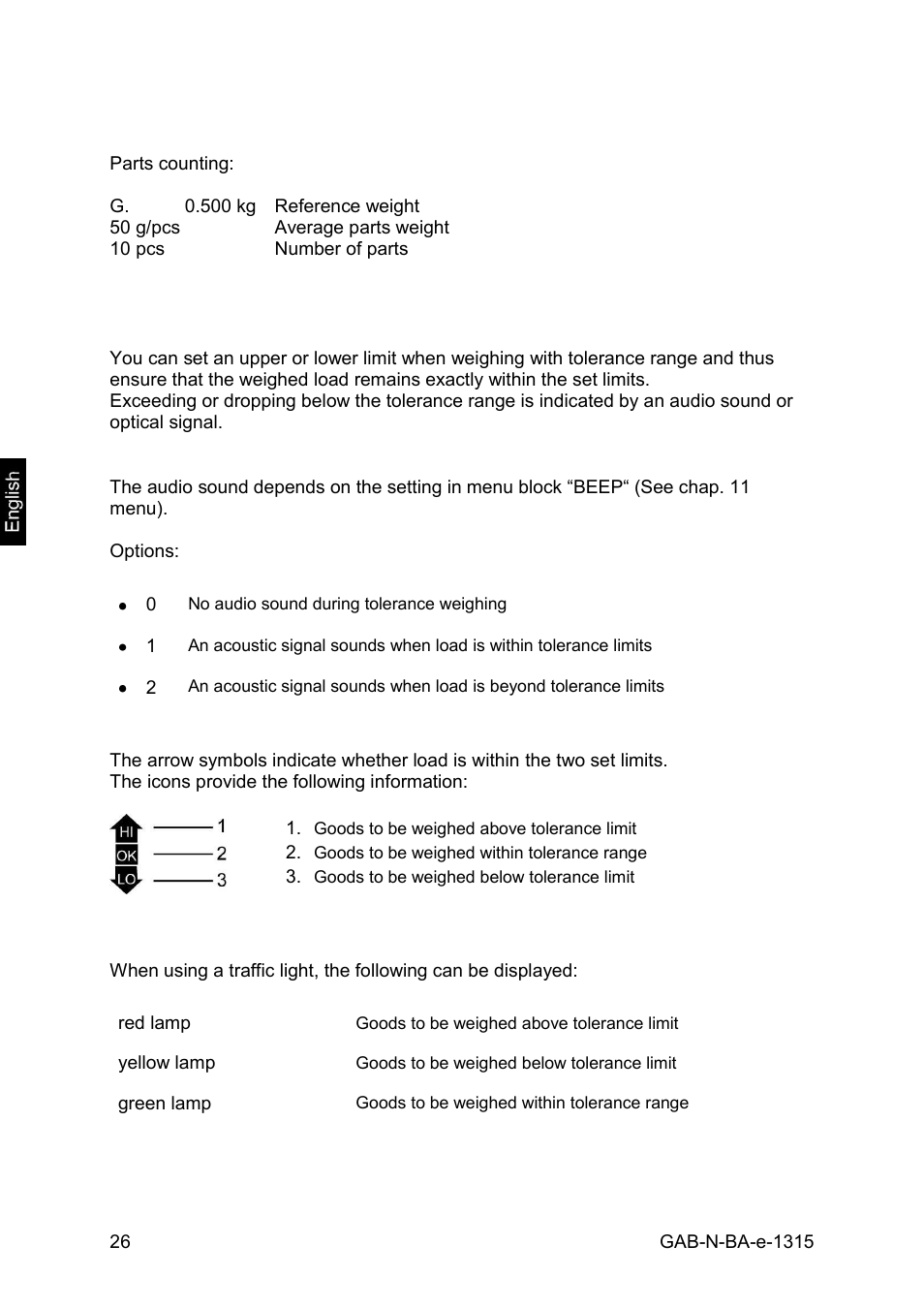 Weighing with tolerance range, Traffic light function | KERN & SOHN GAB 30K5DNM User Manual | Page 26 / 41