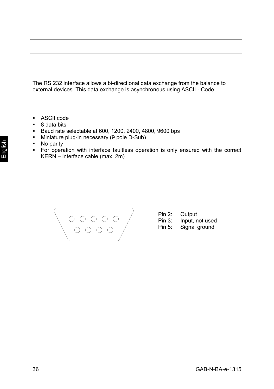 Data output, Rs232 interface, Technical data | Pin allocation of balance output bushing | KERN & SOHN GAB 30K5DNM User Manual | Page 36 / 41