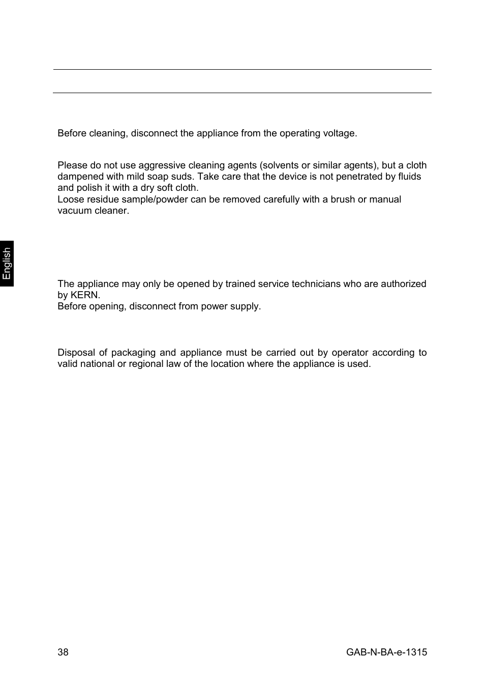 Service, maintenance, disposal, Cleaning, Service, maintenance | Disposal | KERN & SOHN GAB 30K5DNM User Manual | Page 38 / 41