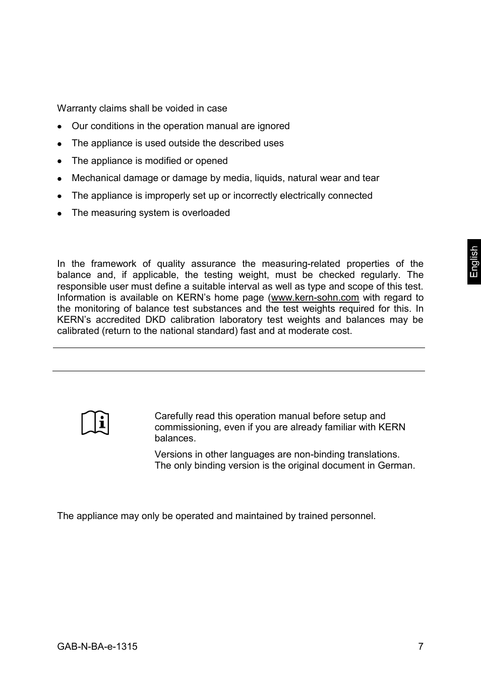 Warranty, Monitoring of test resources, Basic safety precautions | Personnel training | KERN & SOHN GAB 30K5DNM User Manual | Page 7 / 41