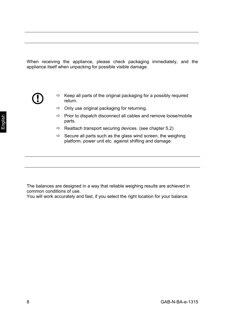 Transportation & storage, Testing upon acceptance, Packaging / return transport | Unpacking, setup and commissioning, Installation site, location of use | KERN & SOHN GAB 30K5DNM User Manual | Page 8 / 41