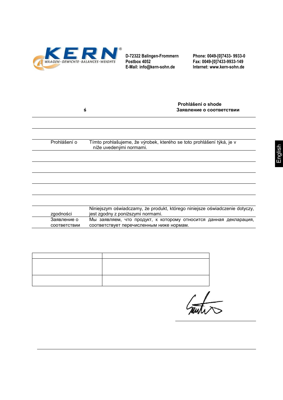 12 declaration of conformity, Declaration of conformity | KERN & SOHN SFB 300K-1LM User Manual | Page 53 / 53