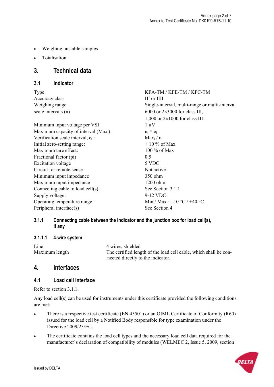 Technical data, 1 indicator, 1 4-wire system | Interfaces, 1 load cell interface | KERN & SOHN KFE-TM User Manual | Page 53 / 58