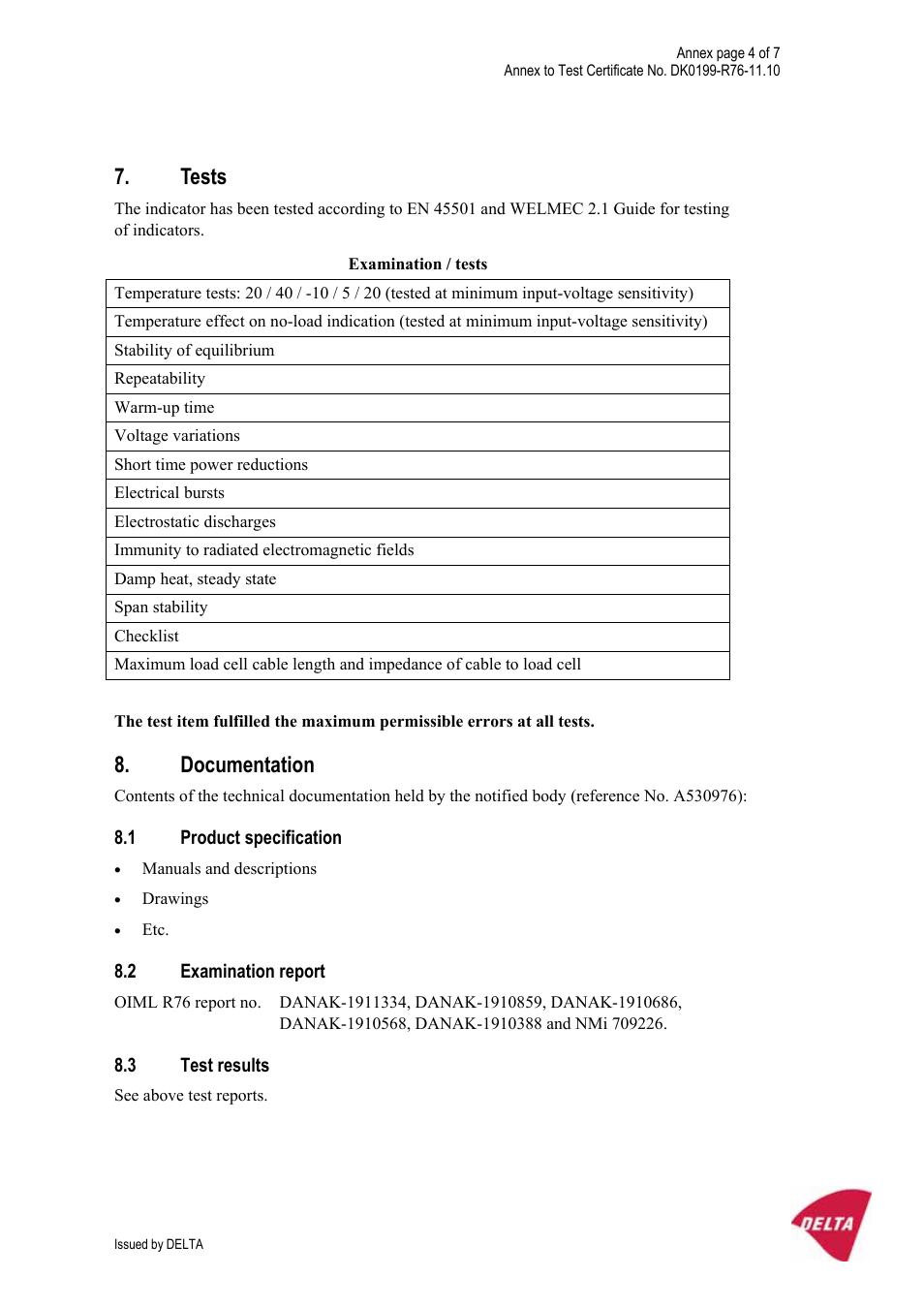 Tests, Documentation, 1 product specification | 2 examination report, 3 test results | KERN & SOHN KFE-TM User Manual | Page 55 / 58