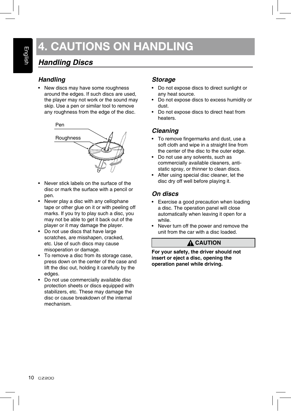 Cautions on handling, Handling discs | Clarion CZ200 User Manual | Page 10 / 27