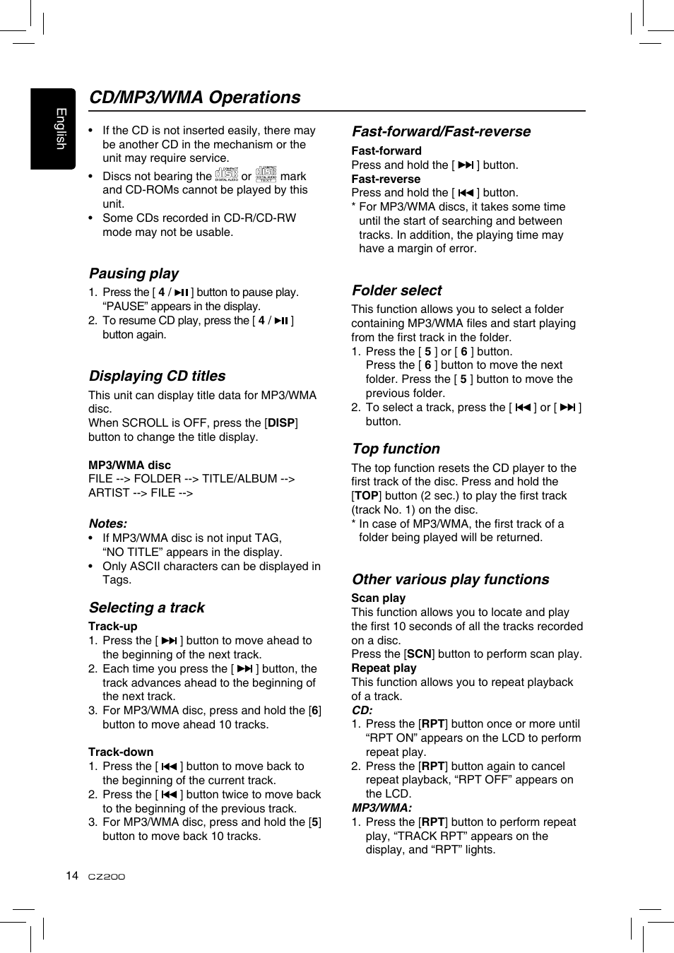 Cd/mp3/wma operations, Pausing play, Displaying cd titles | Selecting a track, Fast-forward/fast-reverse, Folder select, Top function, Other various play functions | Clarion CZ200 User Manual | Page 14 / 27