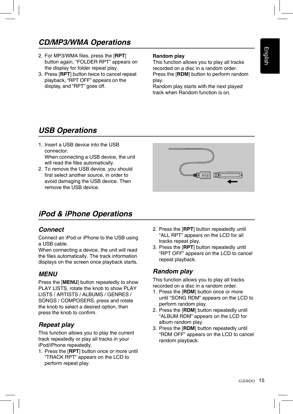 Cd/mp3/wma operations, Usb operations ipod & iphone operations | Clarion CZ200 User Manual | Page 15 / 27