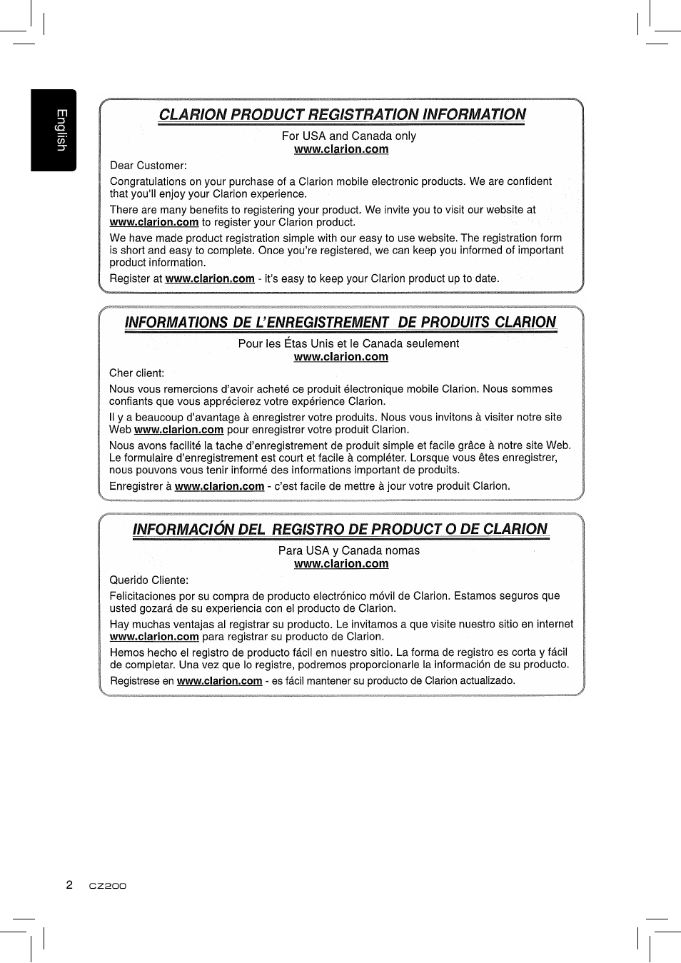 Clarion CZ200 User Manual | Page 2 / 27