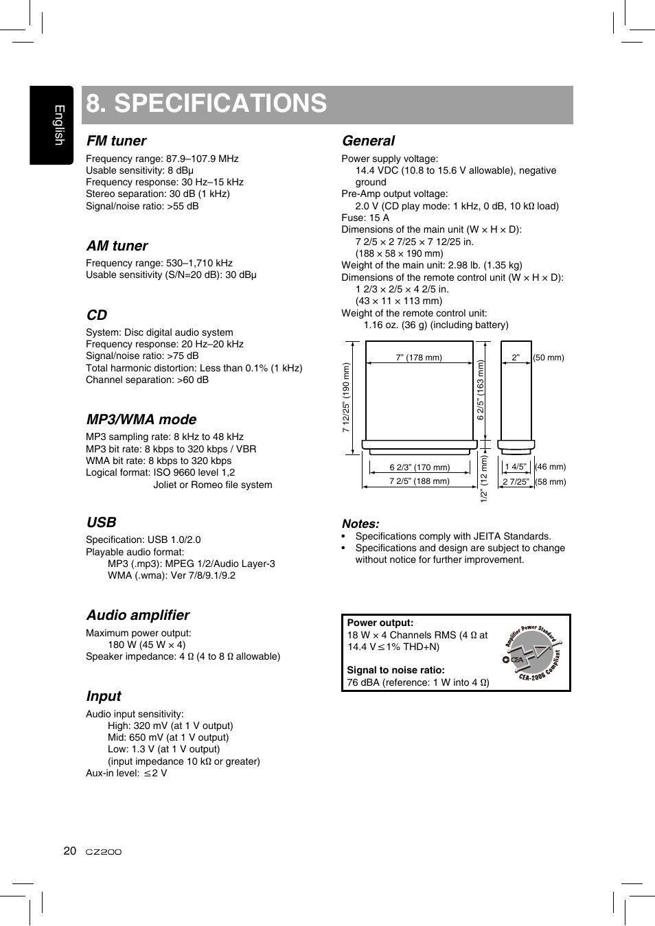 Specifications, Fm tuner, Am tuner | Mp3/wma mode, Audio amplifier, Input, General | Clarion CZ200 User Manual | Page 20 / 27