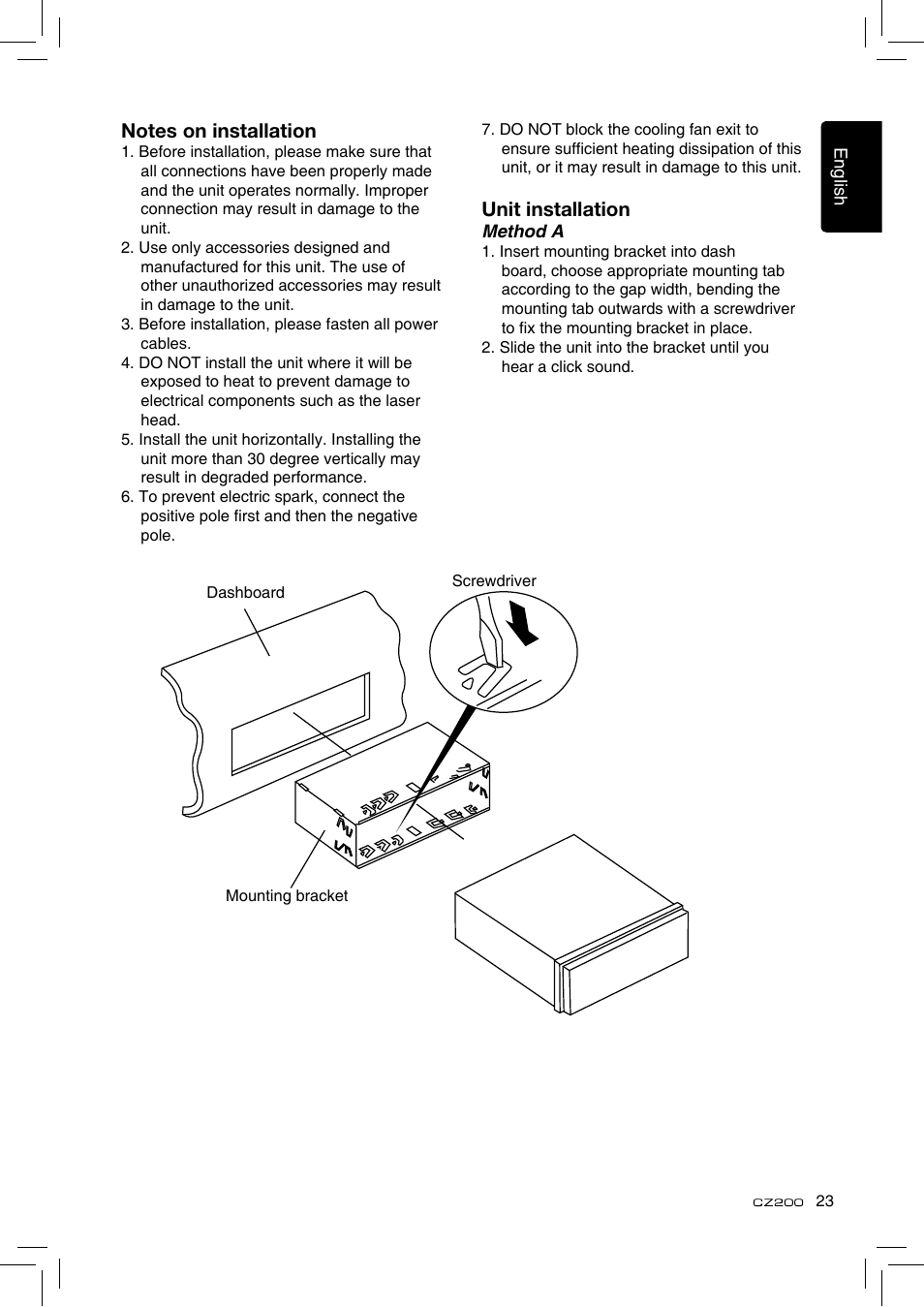 Unit installation | Clarion CZ200 User Manual | Page 23 / 27