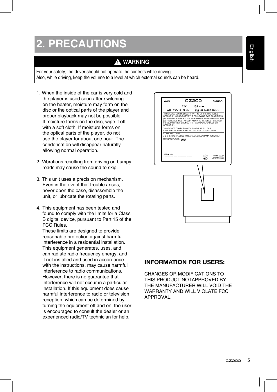 Precautions, Information for users | Clarion CZ200 User Manual | Page 5 / 27
