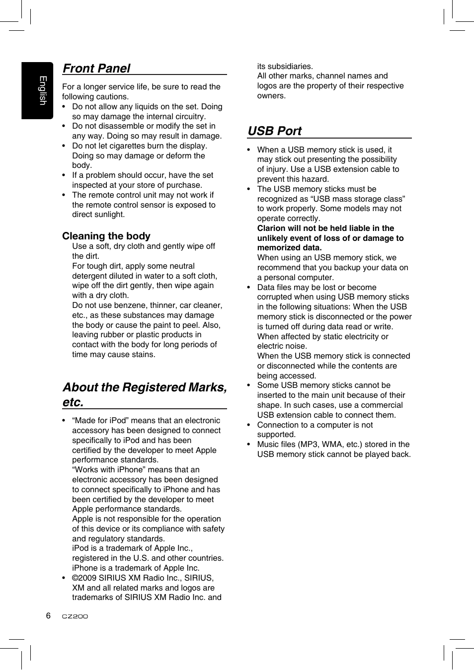Front panel, About the registered marks, etc, Usb port | Cleaning the body | Clarion CZ200 User Manual | Page 6 / 27