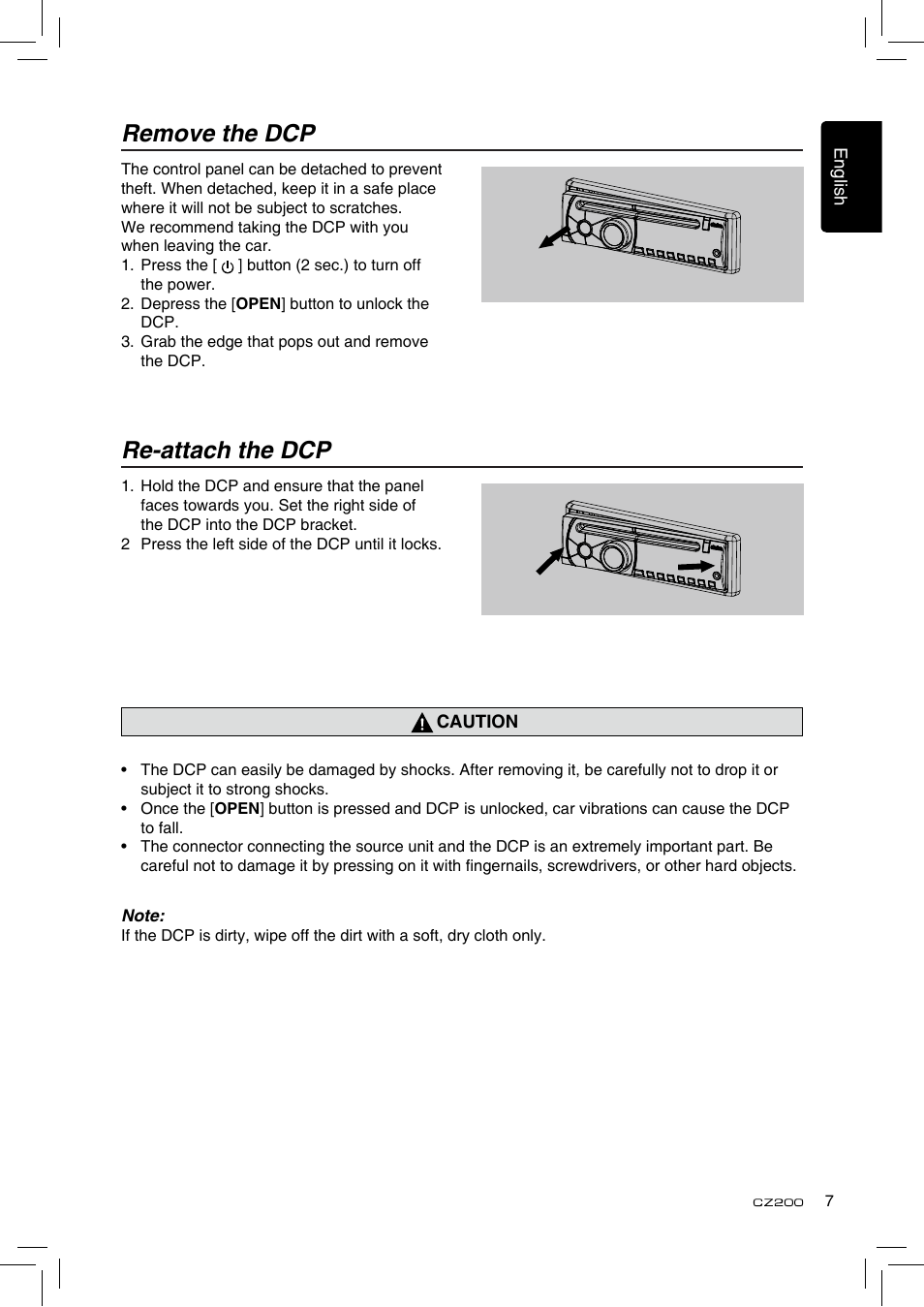 Remove the dcp, Re-attach the dcp | Clarion CZ200 User Manual | Page 7 / 27
