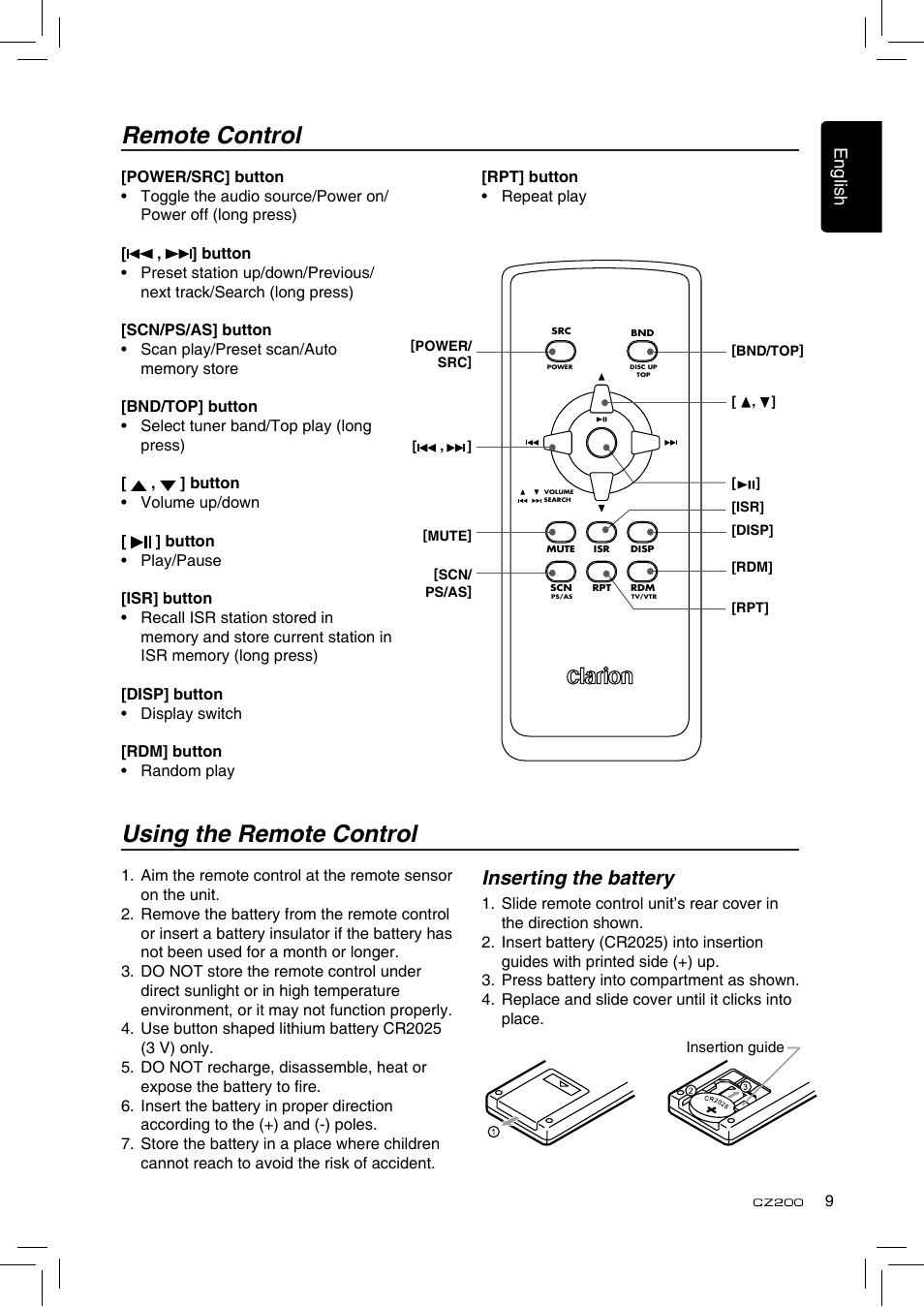 Remote control using the remote control, Inserting the battery | Clarion CZ200 User Manual | Page 9 / 27