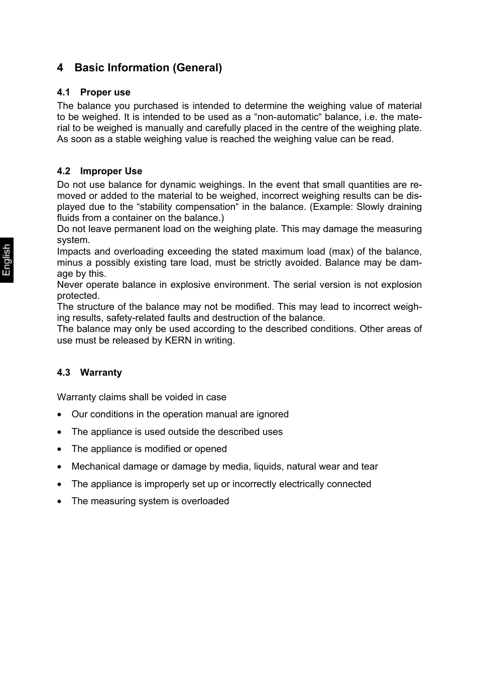 4 basic information (general), 1 proper use, 2 improper use | 3 warranty, Basic information (general), Proper use, Improper use, Warranty | KERN & SOHN RXB User Manual | Page 12 / 25