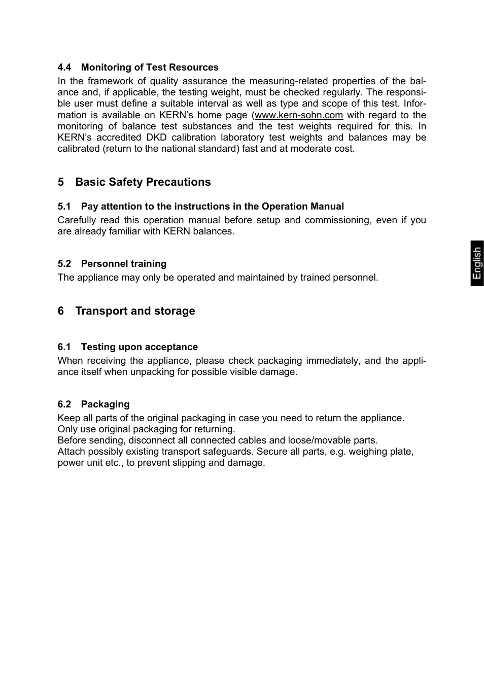 4 monitoring of test resources, 5 basic safety precautions, 2 personnel training | 6 transport and storage, 1 testing upon acceptance, 2 packaging, Monitoring of test resources, Basic safety precautions, Personnel training, Transport and storage | KERN & SOHN RXB User Manual | Page 13 / 25
