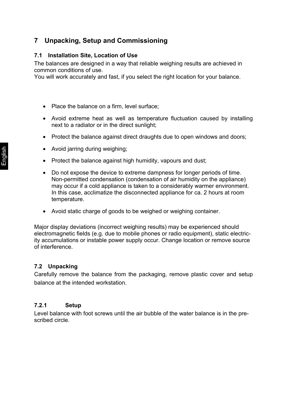 7 unpacking, setup and commissioning, 1 installation site, location of use, 2 unpacking | 1 setup, Unpacking, setup and commissioning, Installation site, location of use, Unpacking, Setup | KERN & SOHN RXB User Manual | Page 14 / 25