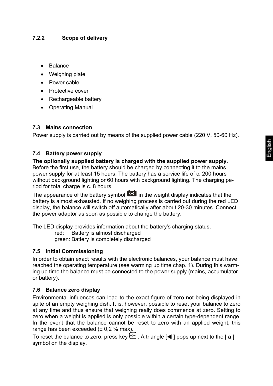 2 scope of delivery, 3 mains connection, 4 battery power supply | 5 initial commissioning, 6 balance zero display, Scope of delivery, Mains connection, Battery power supply, Initial commissioning, Balance zero display | KERN & SOHN RXB User Manual | Page 15 / 25