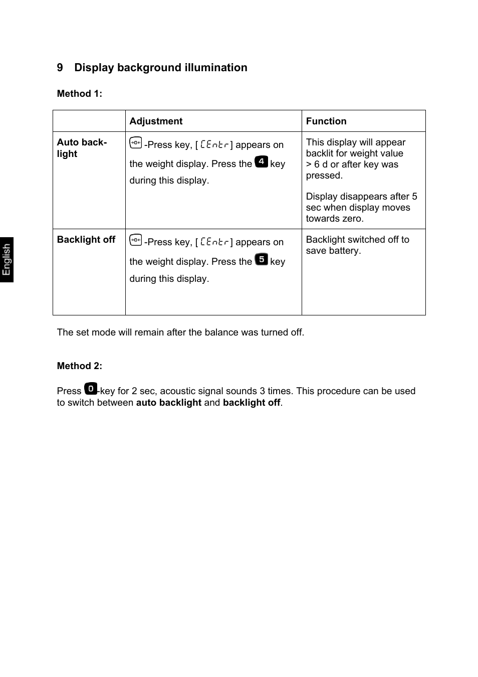 9 display background illumination, Display background illumination | KERN & SOHN RXB User Manual | Page 18 / 25