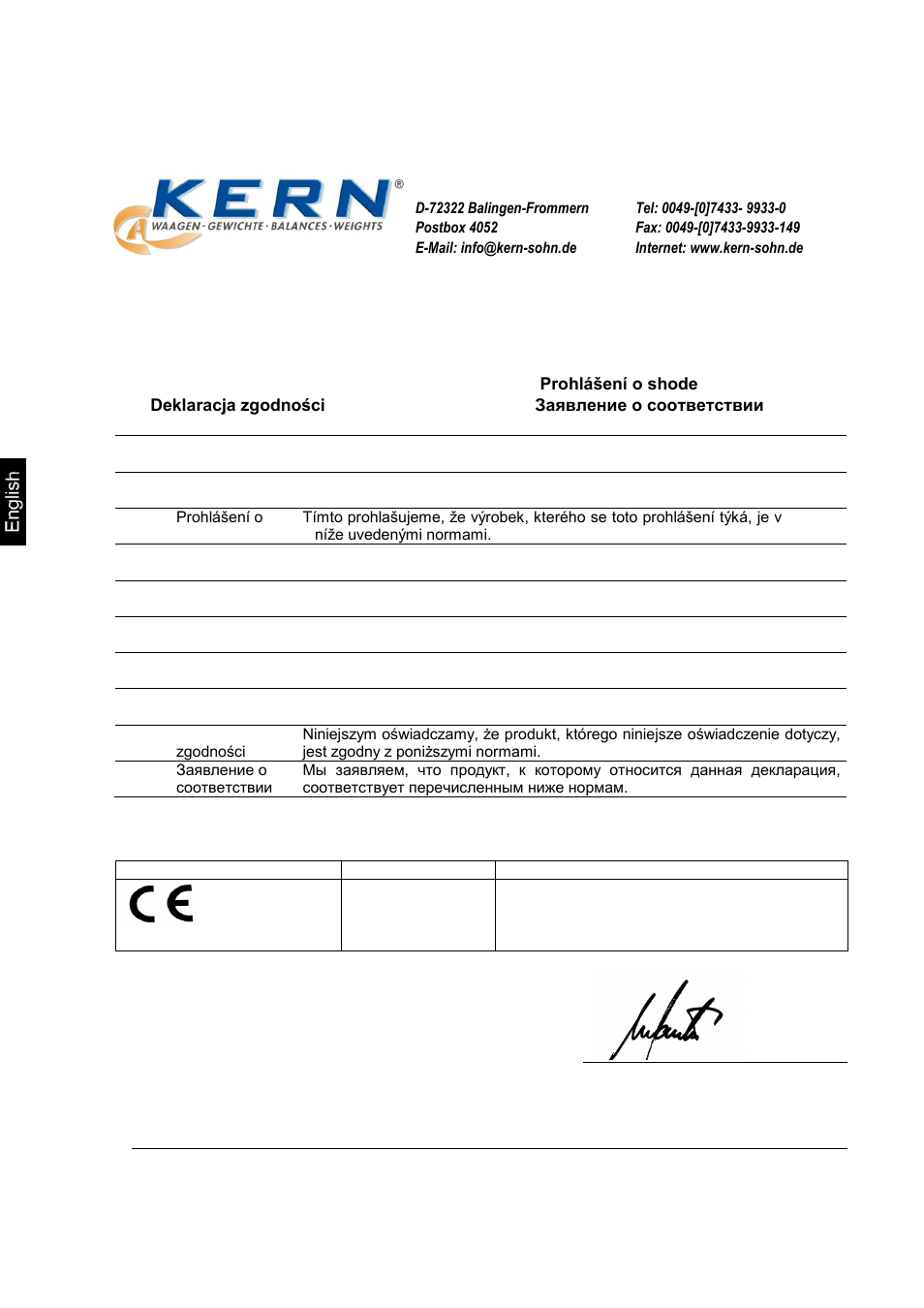 Declaration of conformity, Electronic scale: kern cfs, 2 declaration of conformity | KERN & SOHN CCS Version 2.0 User Manual | Page 8 / 81