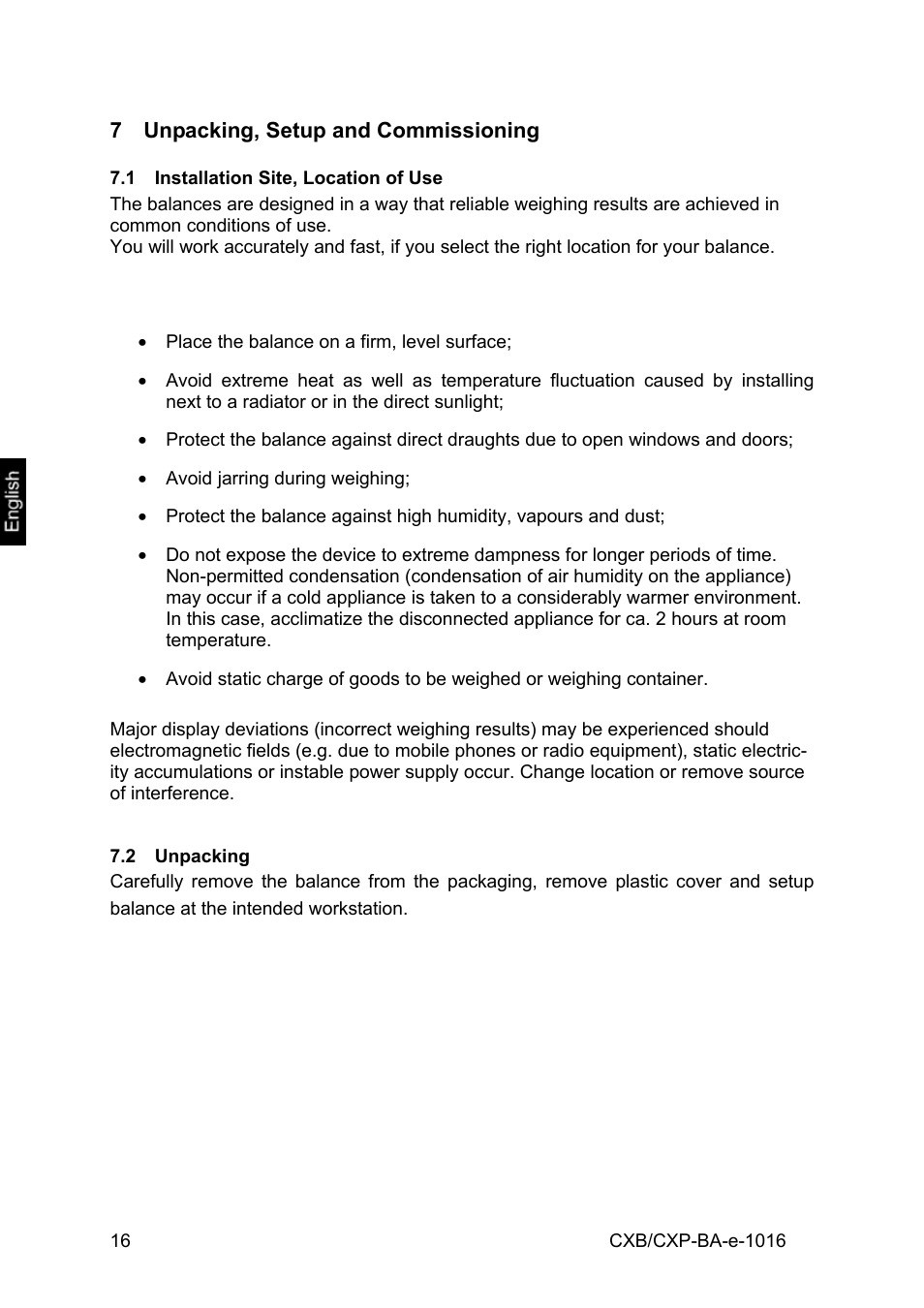 7 unpacking, setup and commissioning, 1 installation site, location of use, 2 unpacking | KERN & SOHN CXP Version 1.6 User Manual | Page 16 / 54