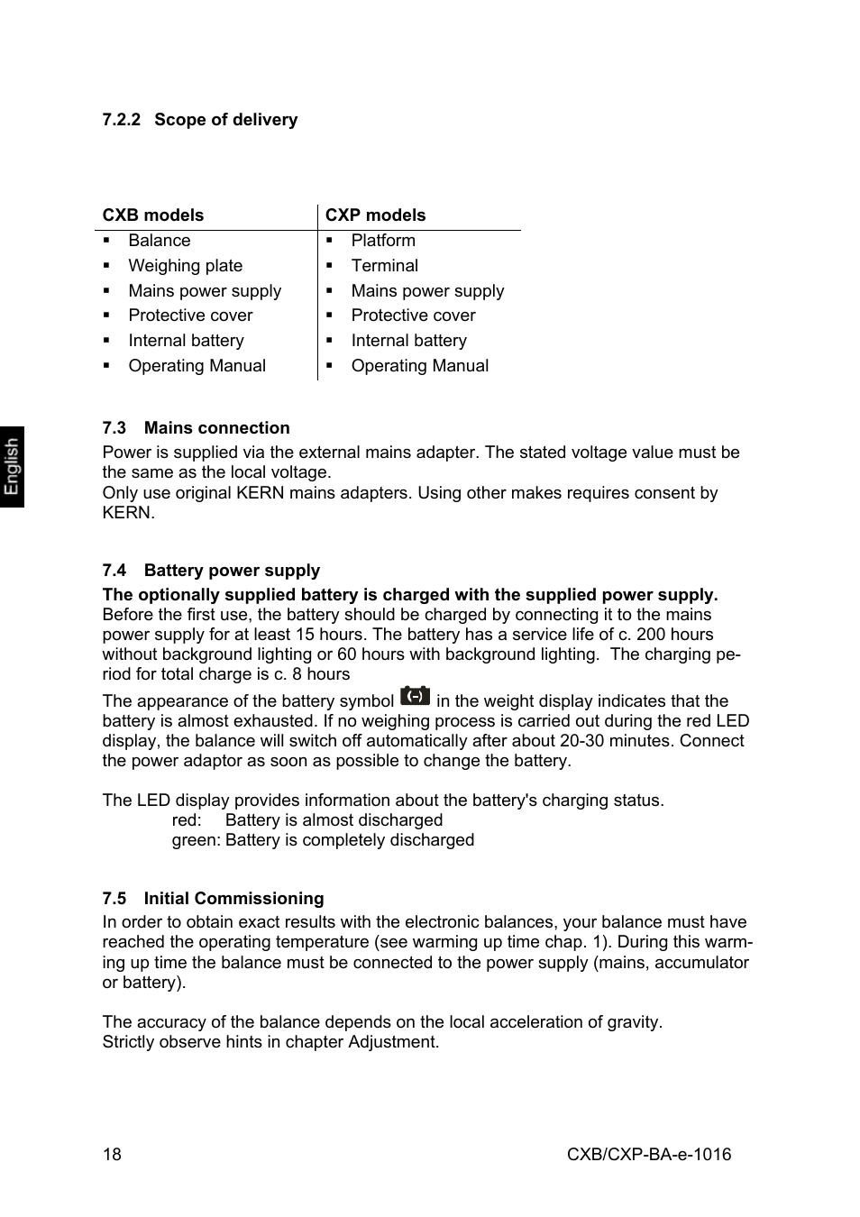 2 scope of delivery, 3 mains connection, 4 battery power supply | 5 initial commissioning | KERN & SOHN CXP Version 1.6 User Manual | Page 18 / 54