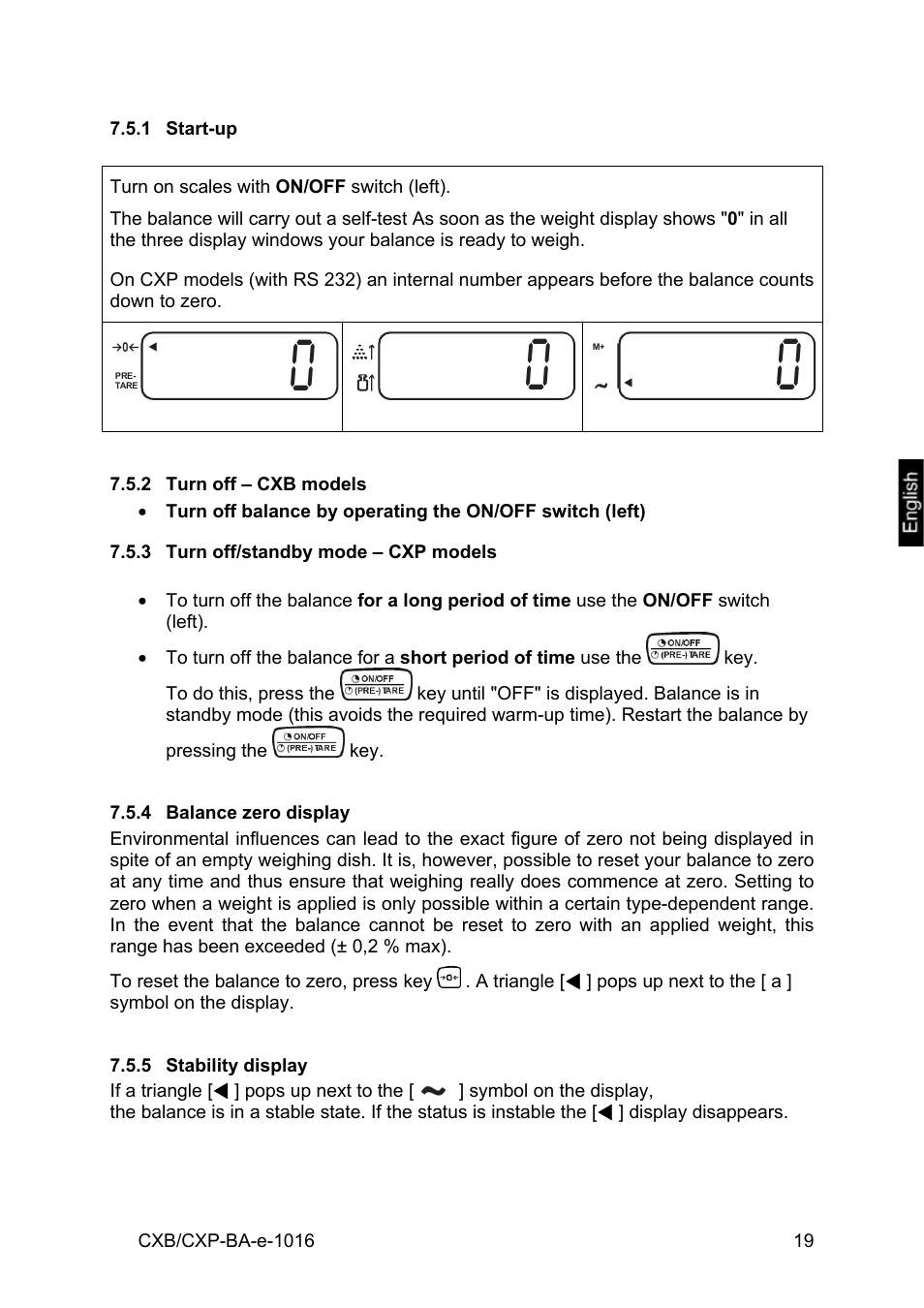 1 start-up, 2 turn off – cxb models, 3 turn off/standby mode – cxp models | 4 balance zero display, 5 stability display | KERN & SOHN CXP Version 1.6 User Manual | Page 19 / 54