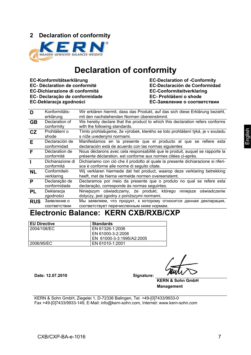 2 declaration of conformity, Declaration of conformity, Electronic balance: kern cxb/rxb/cxp | KERN & SOHN CXP Version 1.6 User Manual | Page 7 / 54