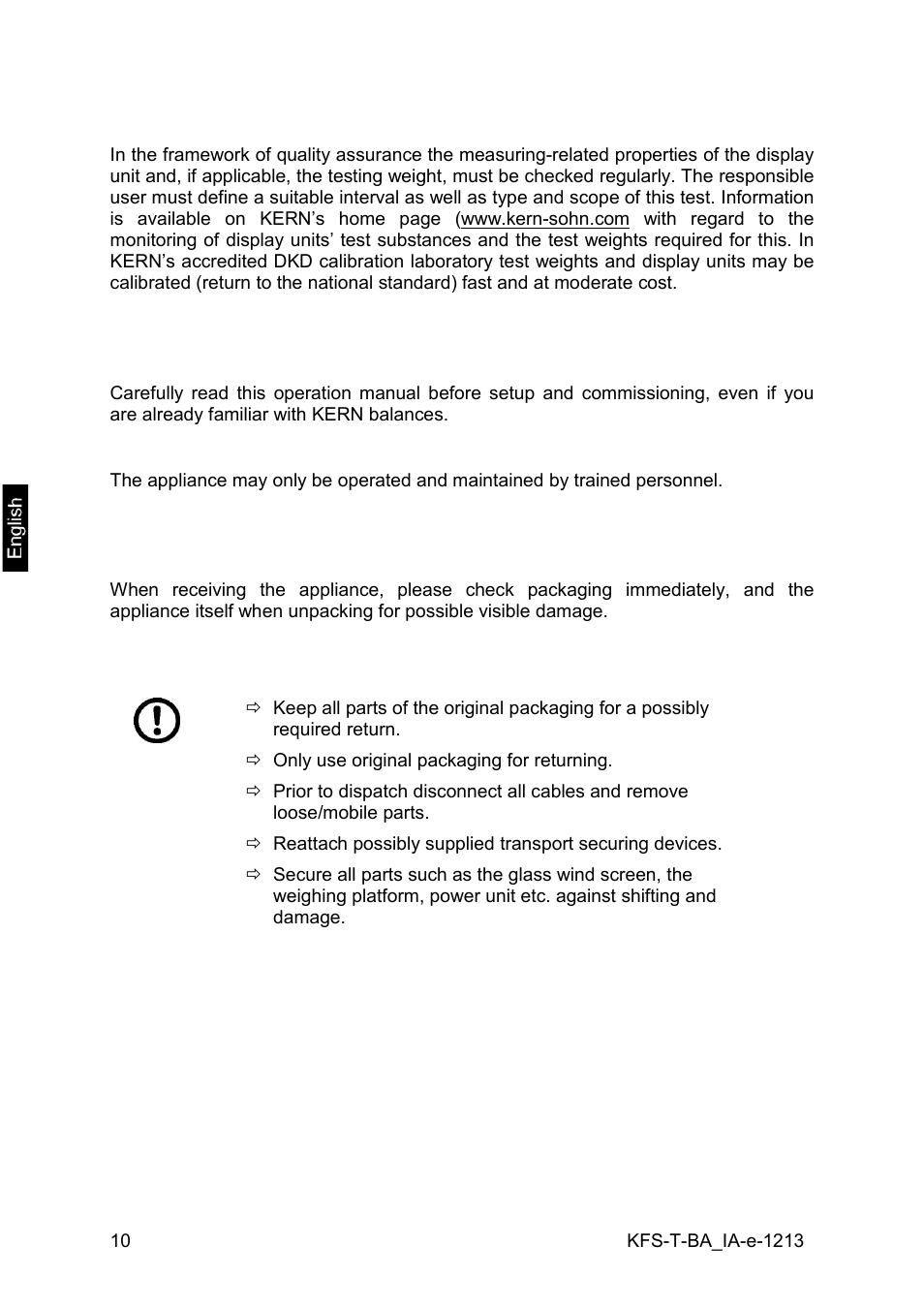 4 monitoring of test resources, 4 basic safety precautions, 2 personnel training | 5 transport and storage, 1 testing upon acceptance, 2 packaging / return transport | KERN & SOHN IFS 300K-3 User Manual | Page 10 / 52