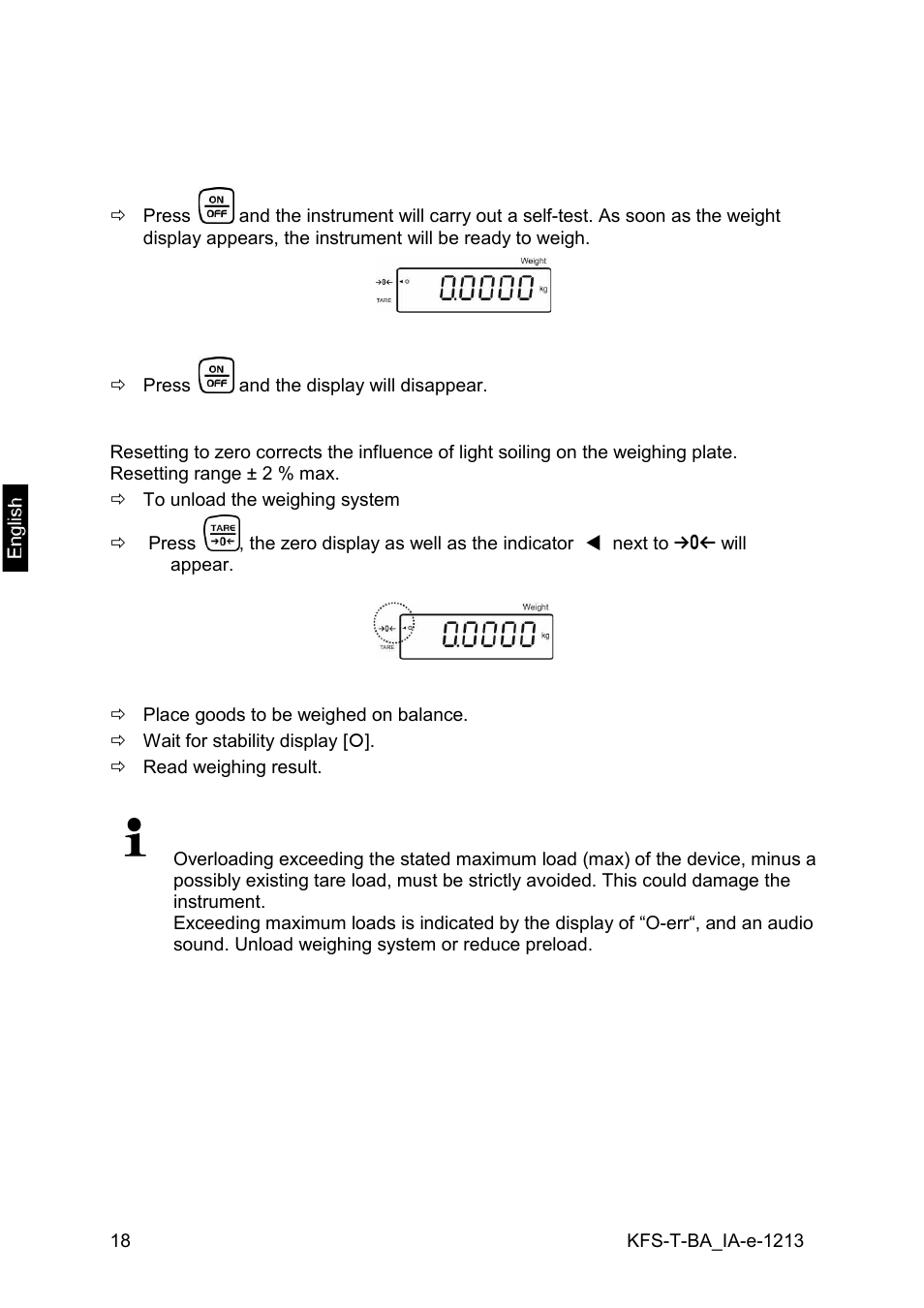7 operation, 1 start-up, 2 switching off | 3 zeroing, 4 simple weighing | KERN & SOHN IFS 300K-3 User Manual | Page 18 / 52