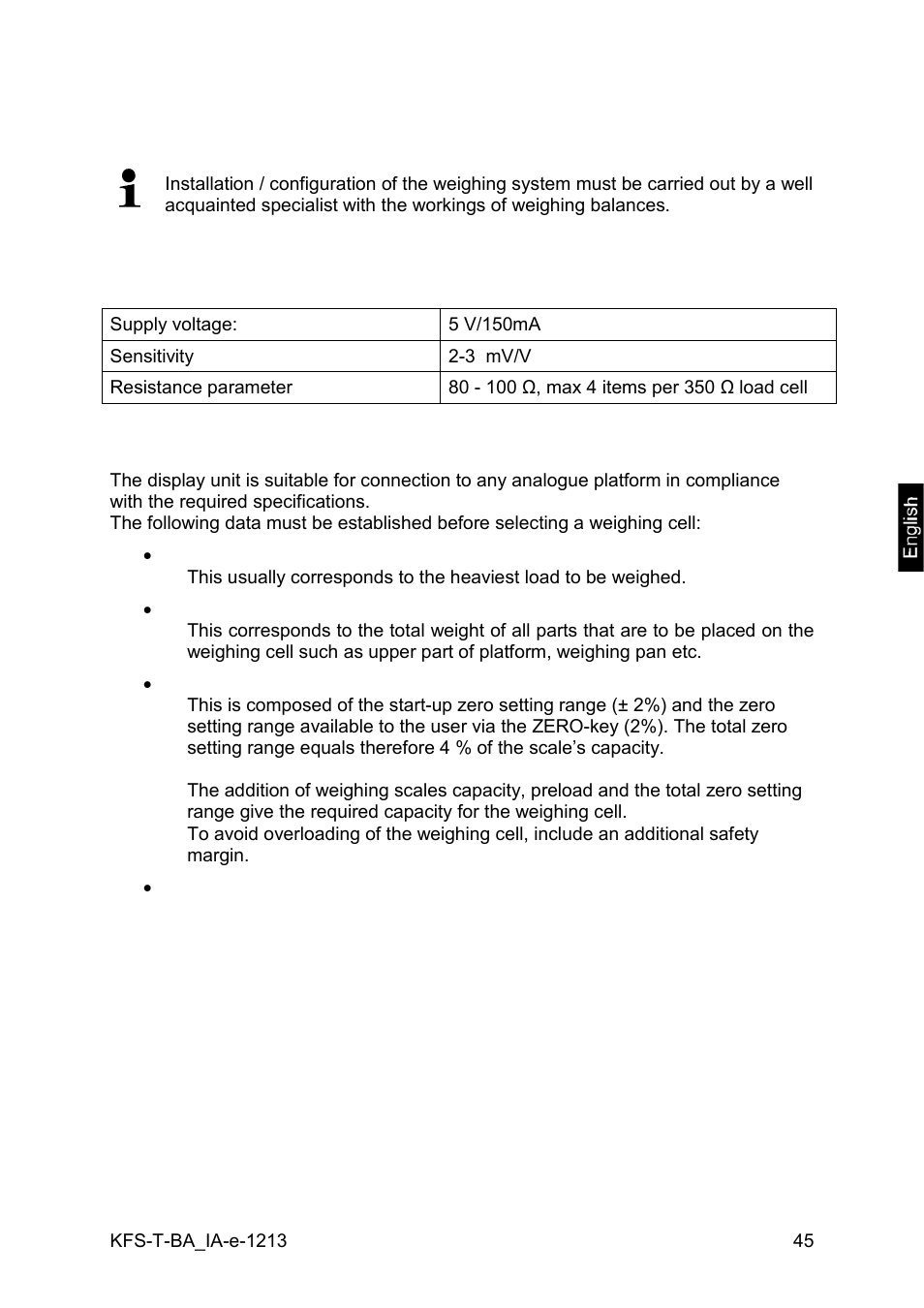 12 installing display unit / weighing bridge, 1 technical data, 2 weighing system design | KERN & SOHN IFS 300K-3 User Manual | Page 45 / 52