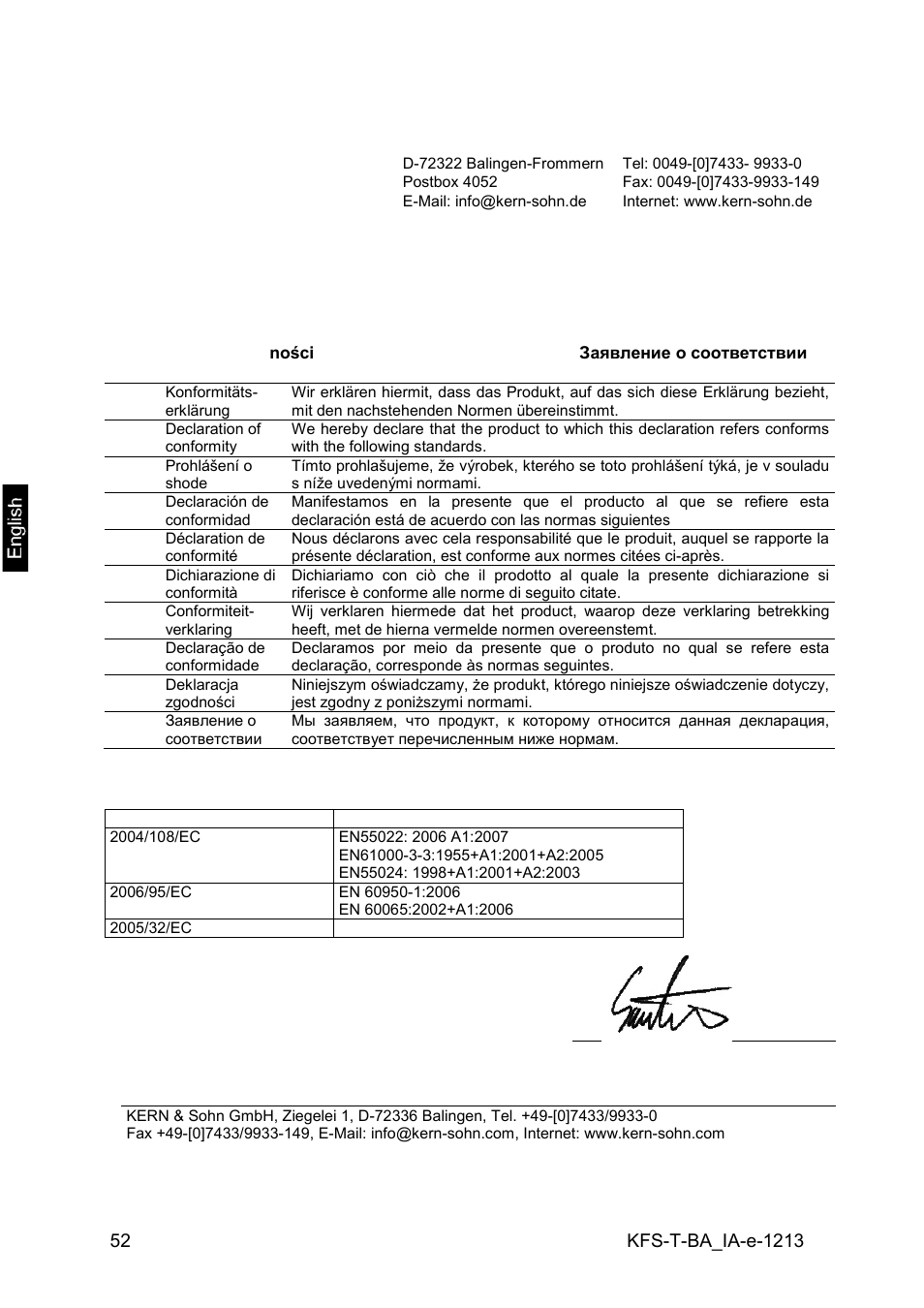 13 declaration of conformity, Declaration of conformity, Electronic balance: kern kfs-t;bfs;ifs | KERN & SOHN IFS 300K-3 User Manual | Page 52 / 52