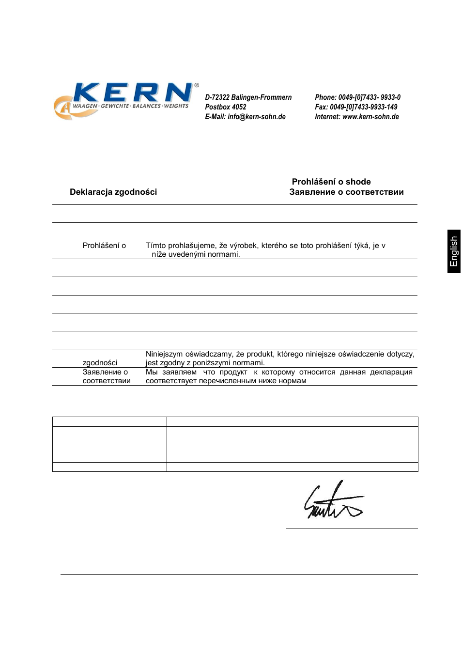 Kern eoa, Declaration of conformity, Electronic balance: kern | 2 declaration of conformity | KERN & SOHN EOA 100K-2 User Manual | Page 5 / 15