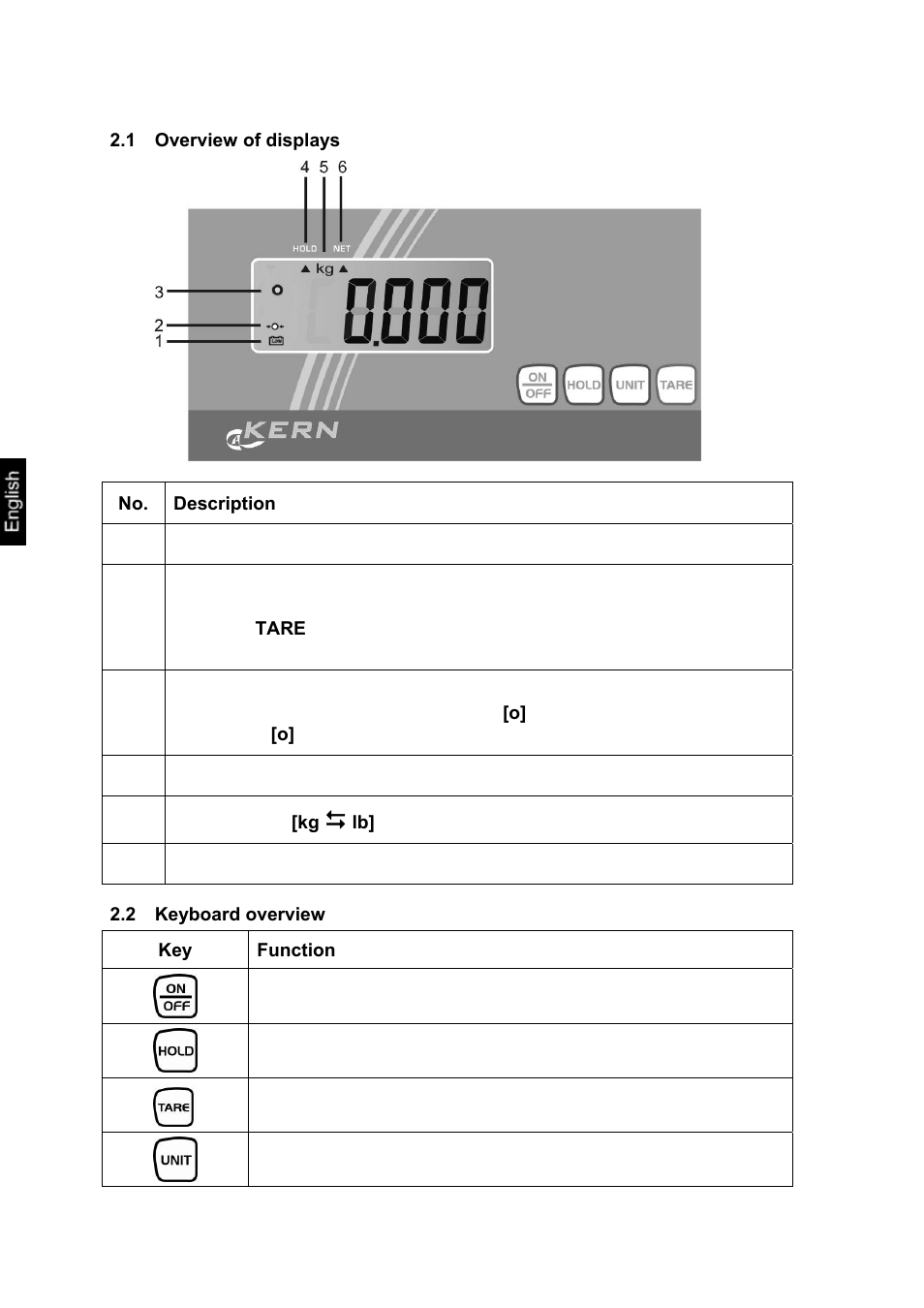 1 overview of displays, 2 keyboard overview, Overview of displays | Keyboard overview | KERN & SOHN EOE XL User Manual | Page 11 / 24