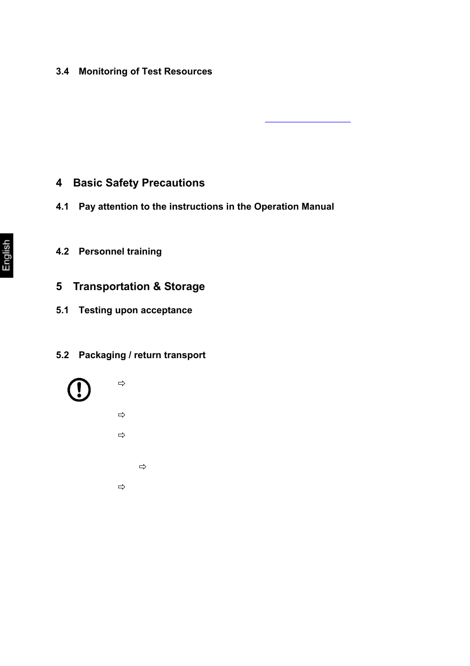 4 monitoring of test resources, 4 basic safety precautions, 2 personnel training | 5 transportation & storage, 1 testing upon acceptance, 2 packaging / return transport, Monitoring of test resources, Basic safety precautions, Personnel training, Transportation & storage | KERN & SOHN EOE XL User Manual | Page 13 / 24
