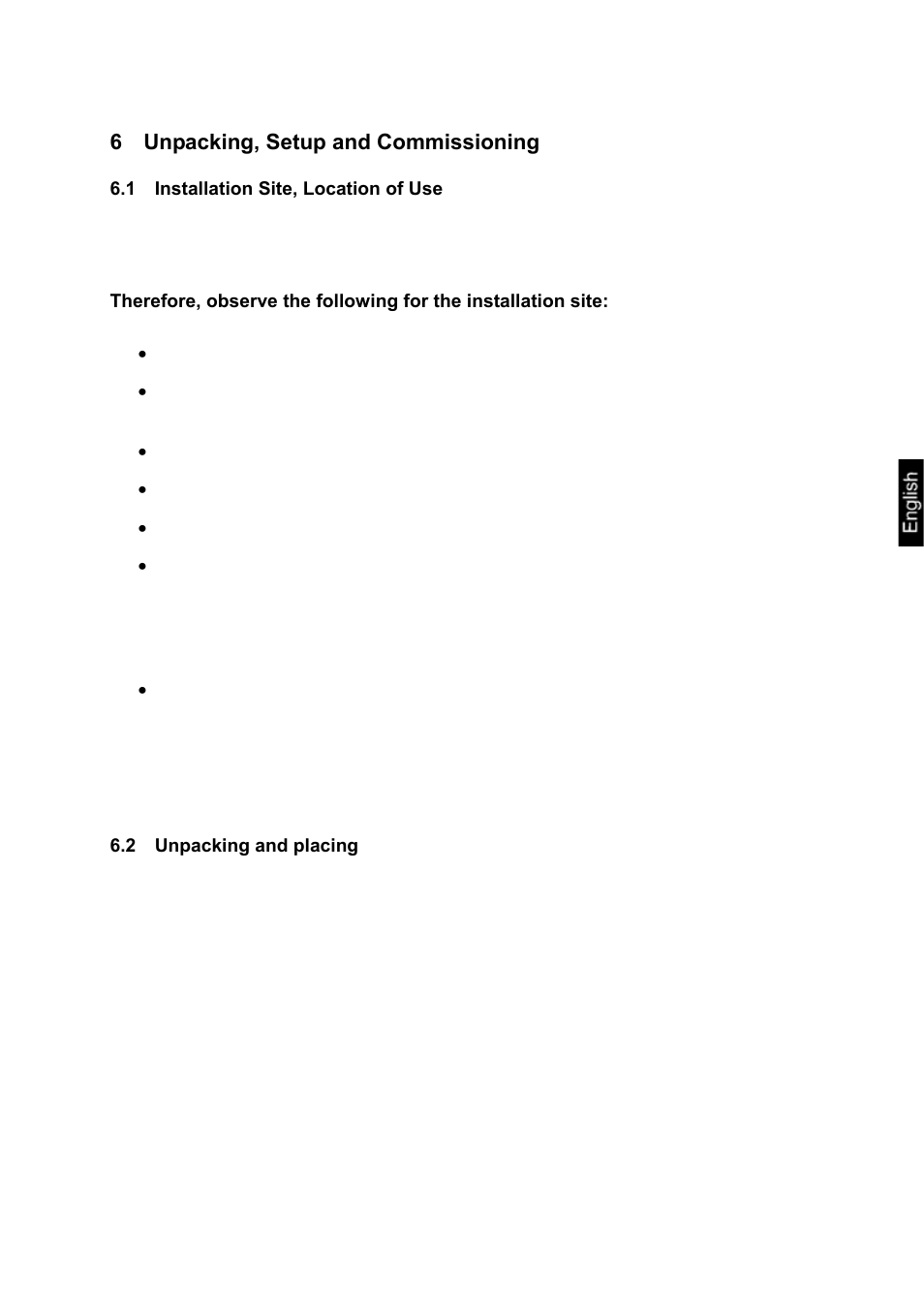 6 unpacking, setup and commissioning, 1 installation site, location of use, 2 unpacking and placing | Unpacking, setup and commissioning, Installation site, location of use, Unpacking and placing | KERN & SOHN EOE XL User Manual | Page 14 / 24